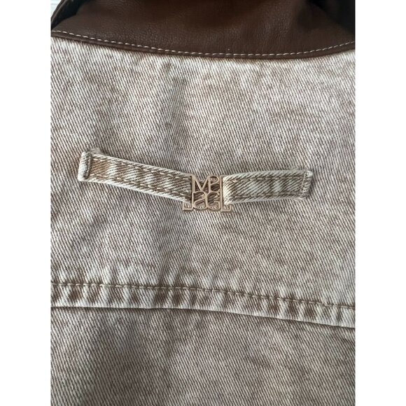 Missguided Cropped Jacket S Beige Distressed Denim Look Faux Leather Collar Y2K - Picture 5 of 6